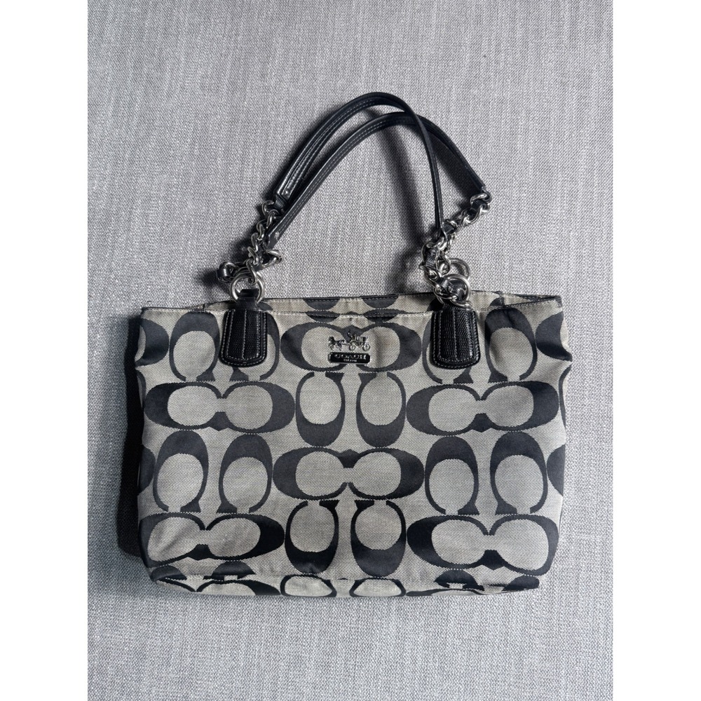 Coach Signature C Black Grey Canvas Tote Bag Silver Chain